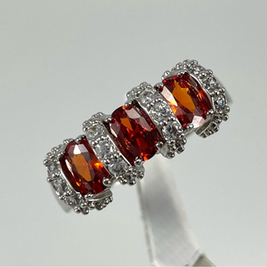 Beautiful 3 Stone Statement Red Garnet White Diamond CZ‎ Silver Plated Ring